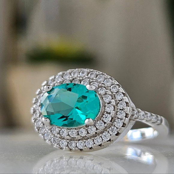 Double Halo Oval Turquoise Gemstone Ring, 925 Sterling Silver Charmed Aroma - Picture 2 of 8